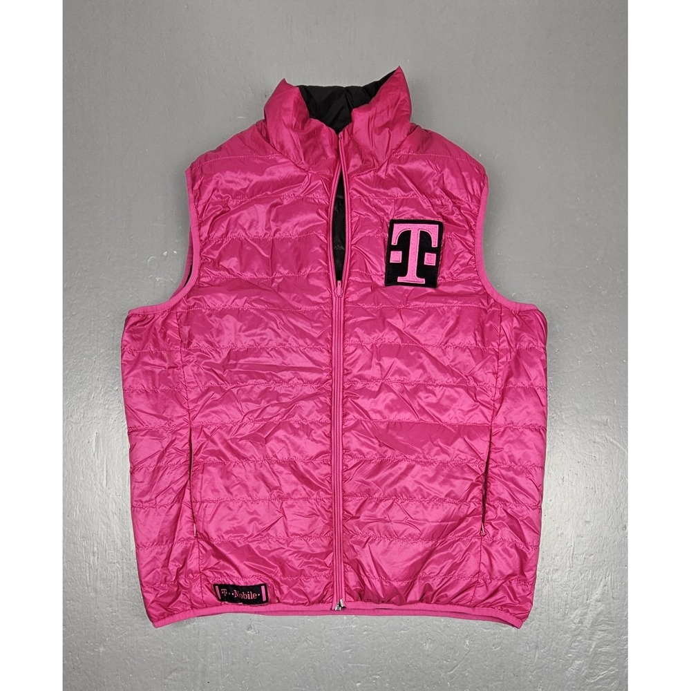 T Mobile Puffer Vest Womens Medium Black Pink Reversible Uniform‎ Full-Zip